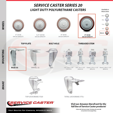 Service Caster 5 Inch Maroon Polyurethane Swivel Top Plate Caster Lock Brakes 2 Rigid SCC, 2PK SCC-TTL20S514-PPUB-MRN-2-R-2